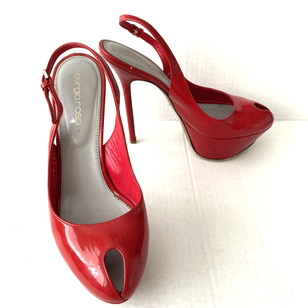 Sergio Rossi Pump Cachet Red Peep Patent Leather Platform Slingback Slim… - Picture 7 of 12